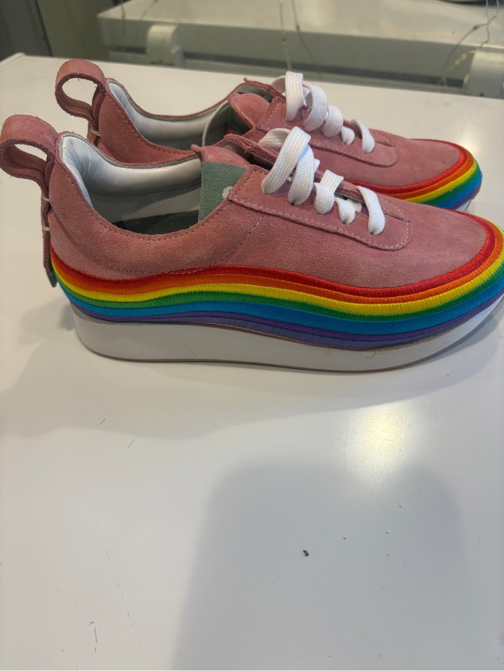 Women’s Pink Suede Sneakers with Rainbow Platform Trim